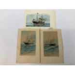 3x Detailed Miniature Watercolour Paintings of a British Ship - Painted on Postcards by Spanish
