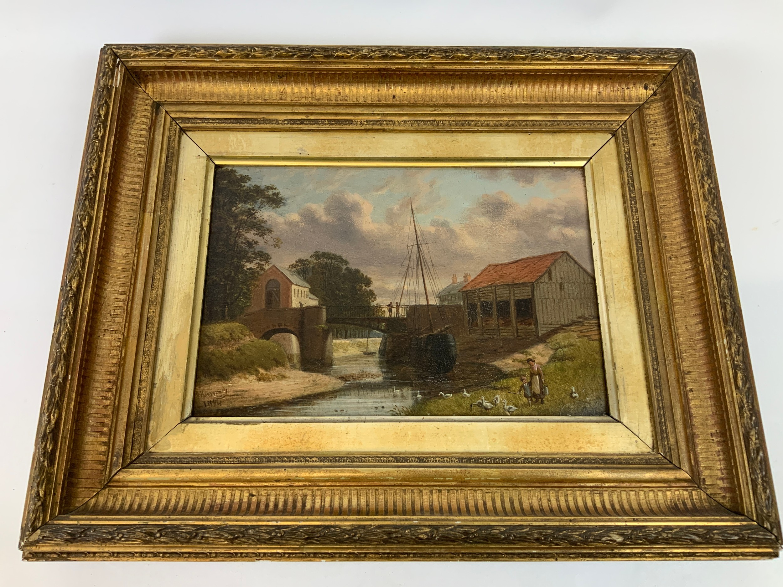 Gilt Frame Oil on Board - View of the River Yeo and the Old Bridge at Rolle Quay by Joseph Kennedy –