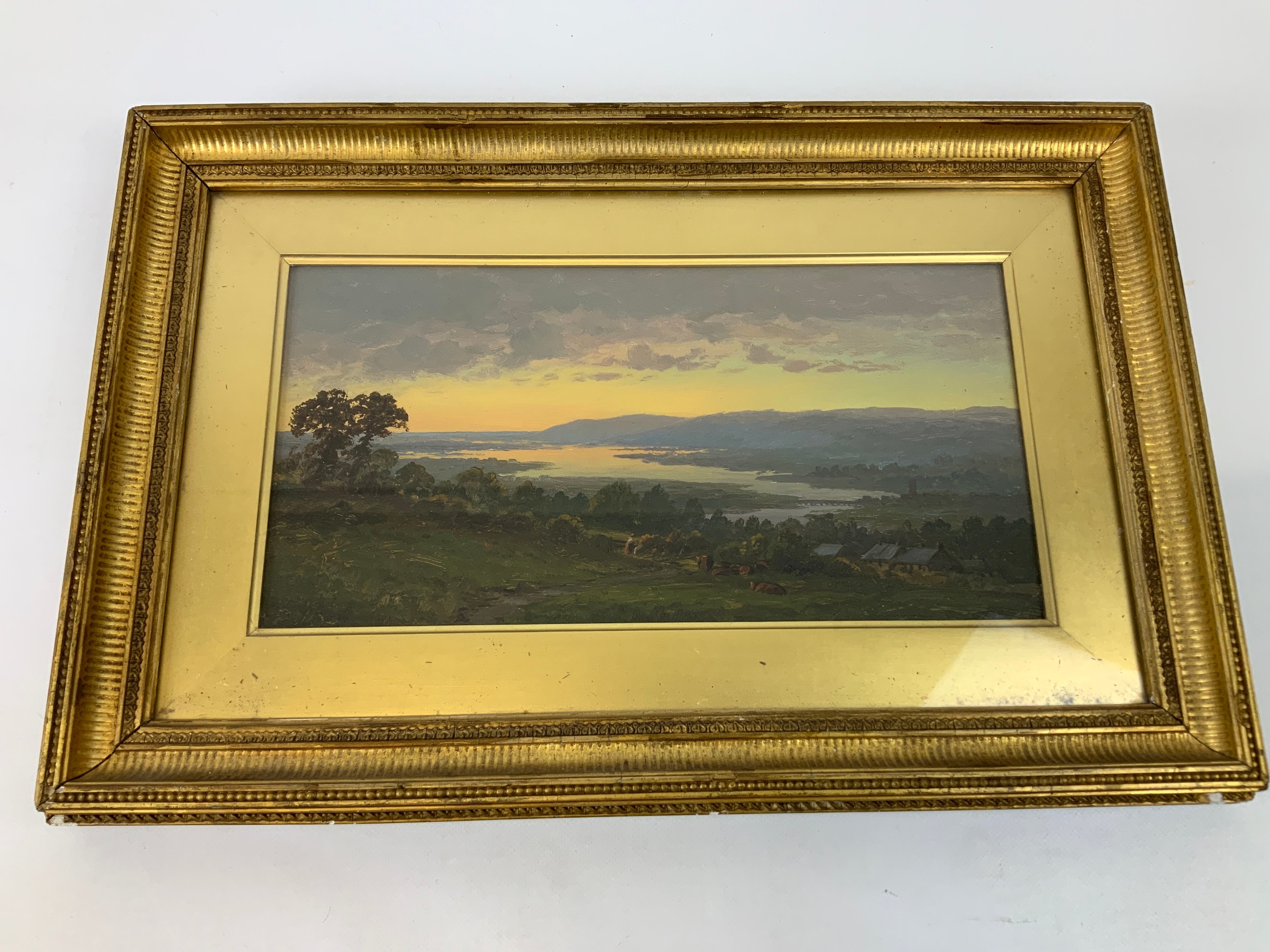 Gilt Frame Oil on Board - View over the River Taw from Sticklepath - Unknown Artist - Visible