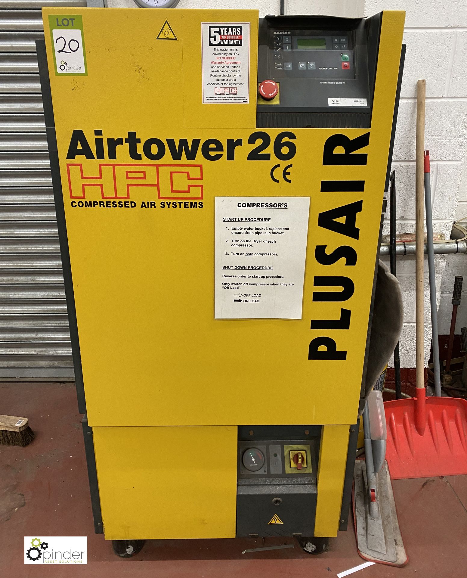 HPC Plusair Airtower 26 Compressor, 18bar mwp, year 2003, Vertical Air Receiving Tank and HPC OW4 - Image 2 of 12