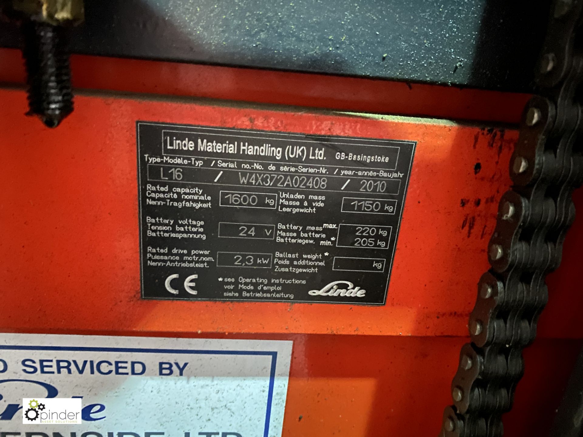 Linde L16 electric pedestrian Forklift Truck, 1600kg capacity, year 2010, not in working order - Image 7 of 9