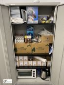 Bisley double door Cabinet, with contents including Nilfisk vacuum bags, hand paper towels, 11 boxes