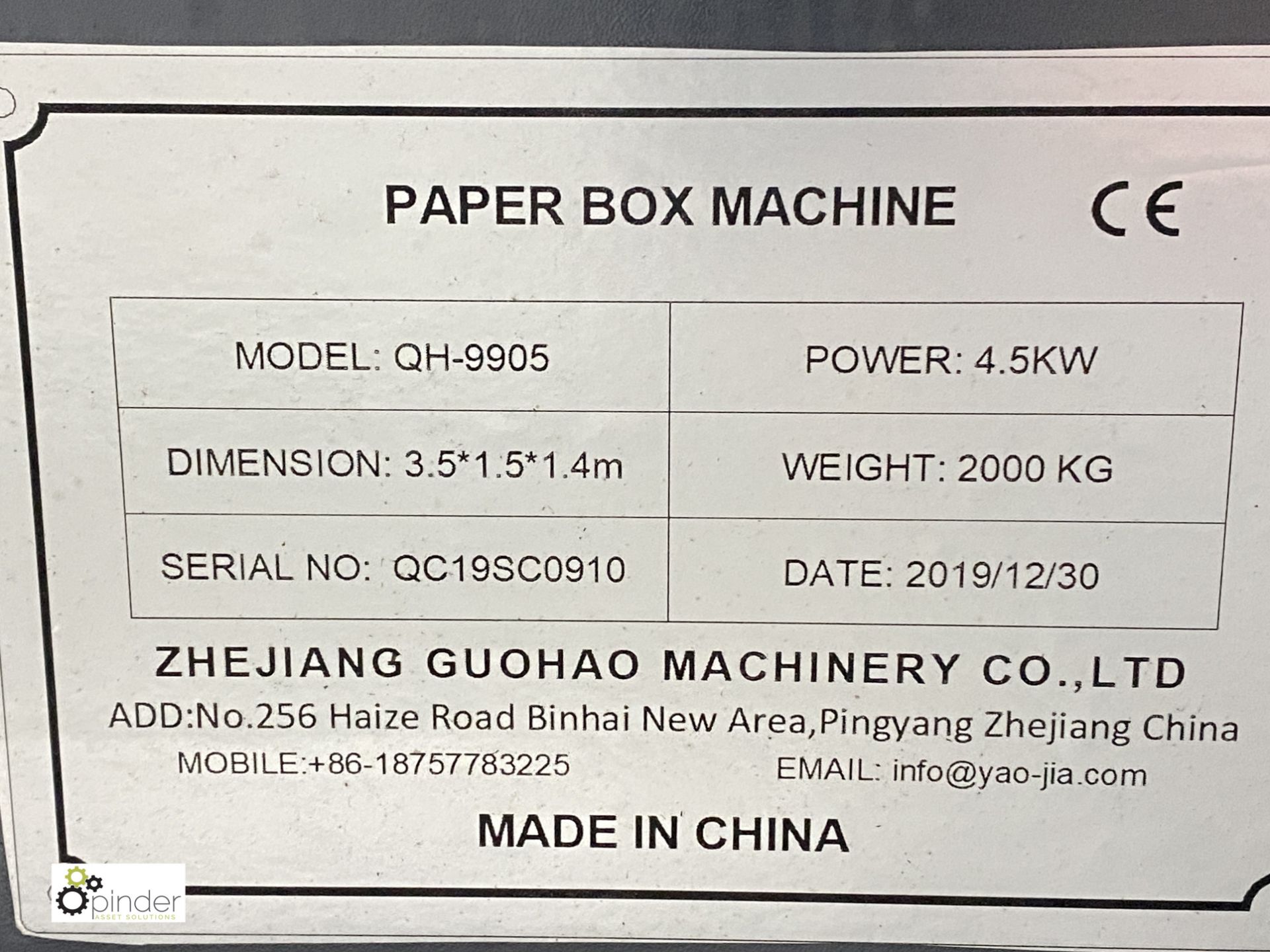 Zhejiang Guohao QH-9905 Paper Box/Tray Forming Machine, year 2019, serial number QC19SC0910 - Image 5 of 17