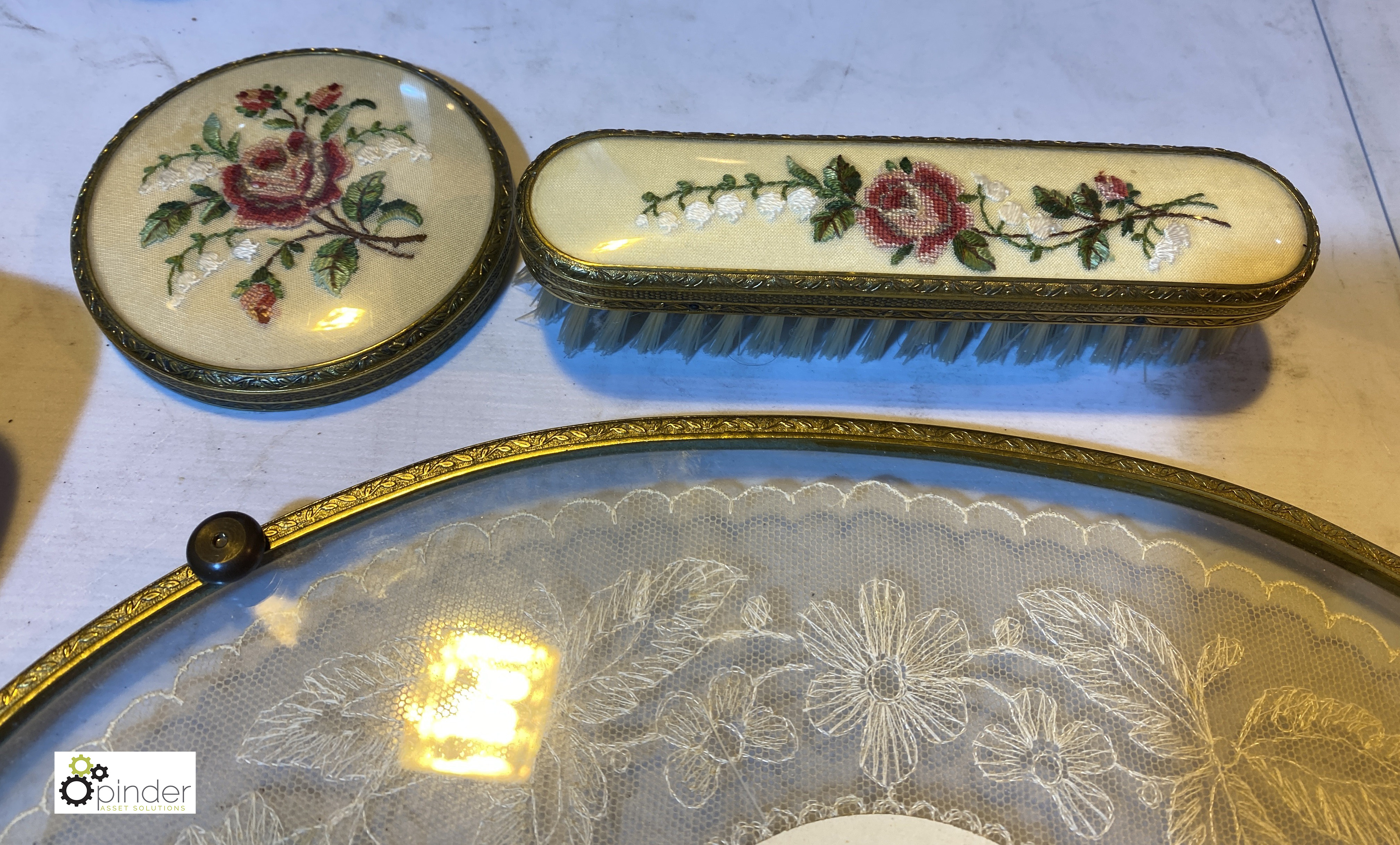 Dressing Table Set comprising glass tray, hair brush, mirror, brush, compact and lid (location: - Image 5 of 5