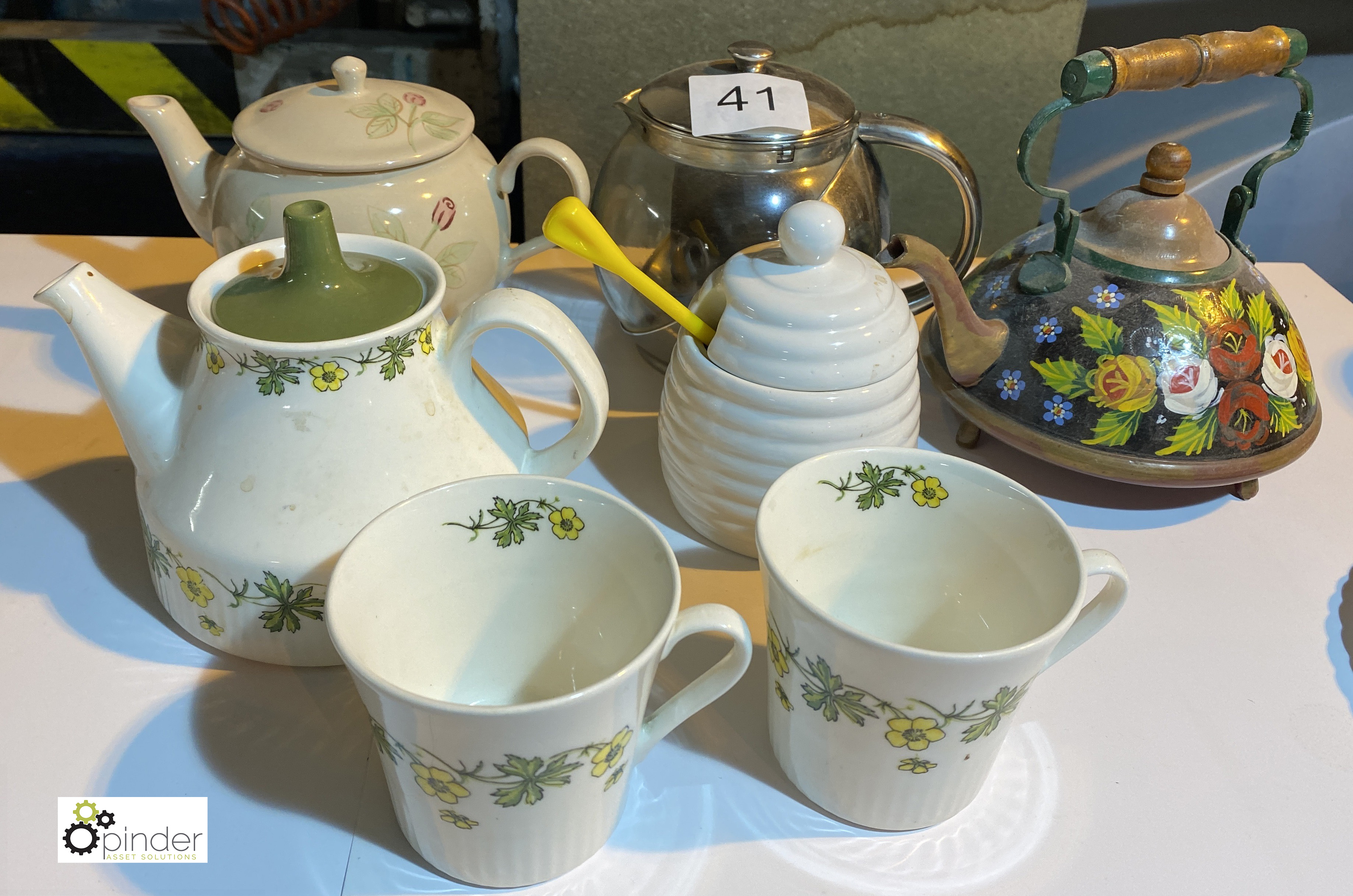 5 various Teapots, Honey Pot and 2 Cups (location: Wakefield / collection: Monday 7 March)