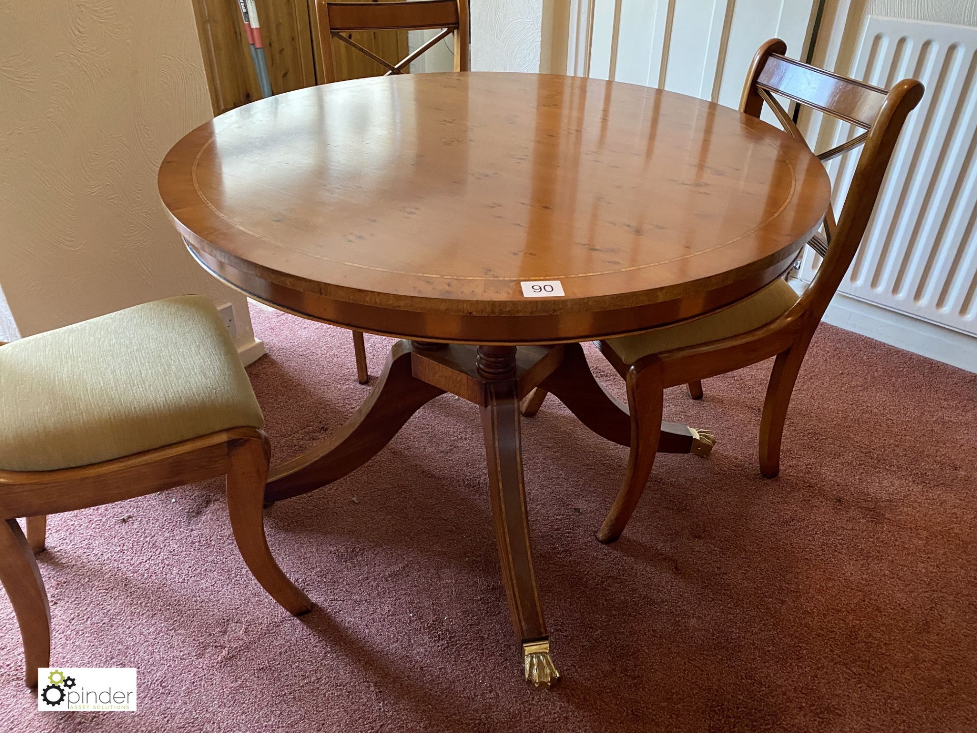 Burr walnut inlaid circular Dining Table, 1040mm diameter, with set 4 burr walnut and upholstered - Image 2 of 7
