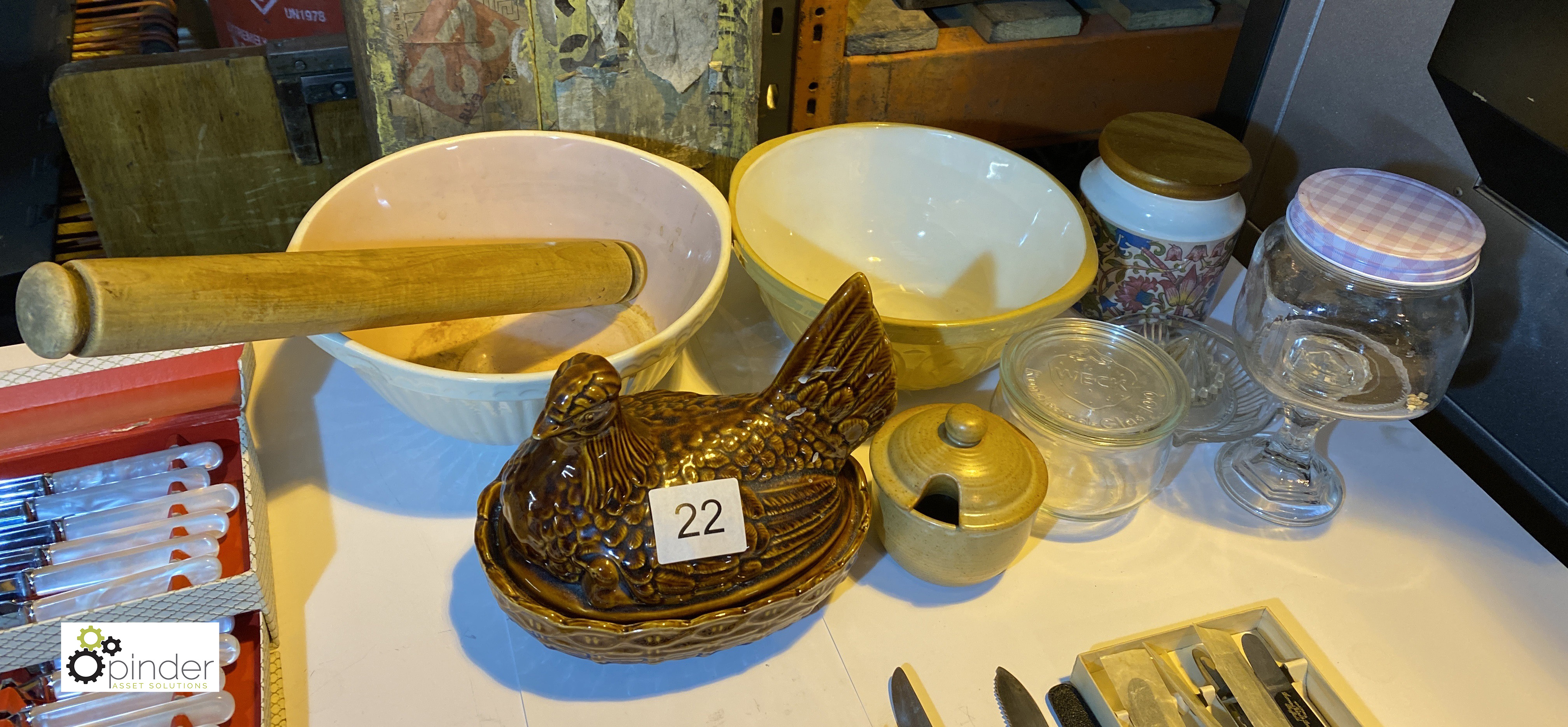 2 Pot Mixing Bowls, wooden Rolling Pin, Egg Holder and various Storage Jars, etc (location: