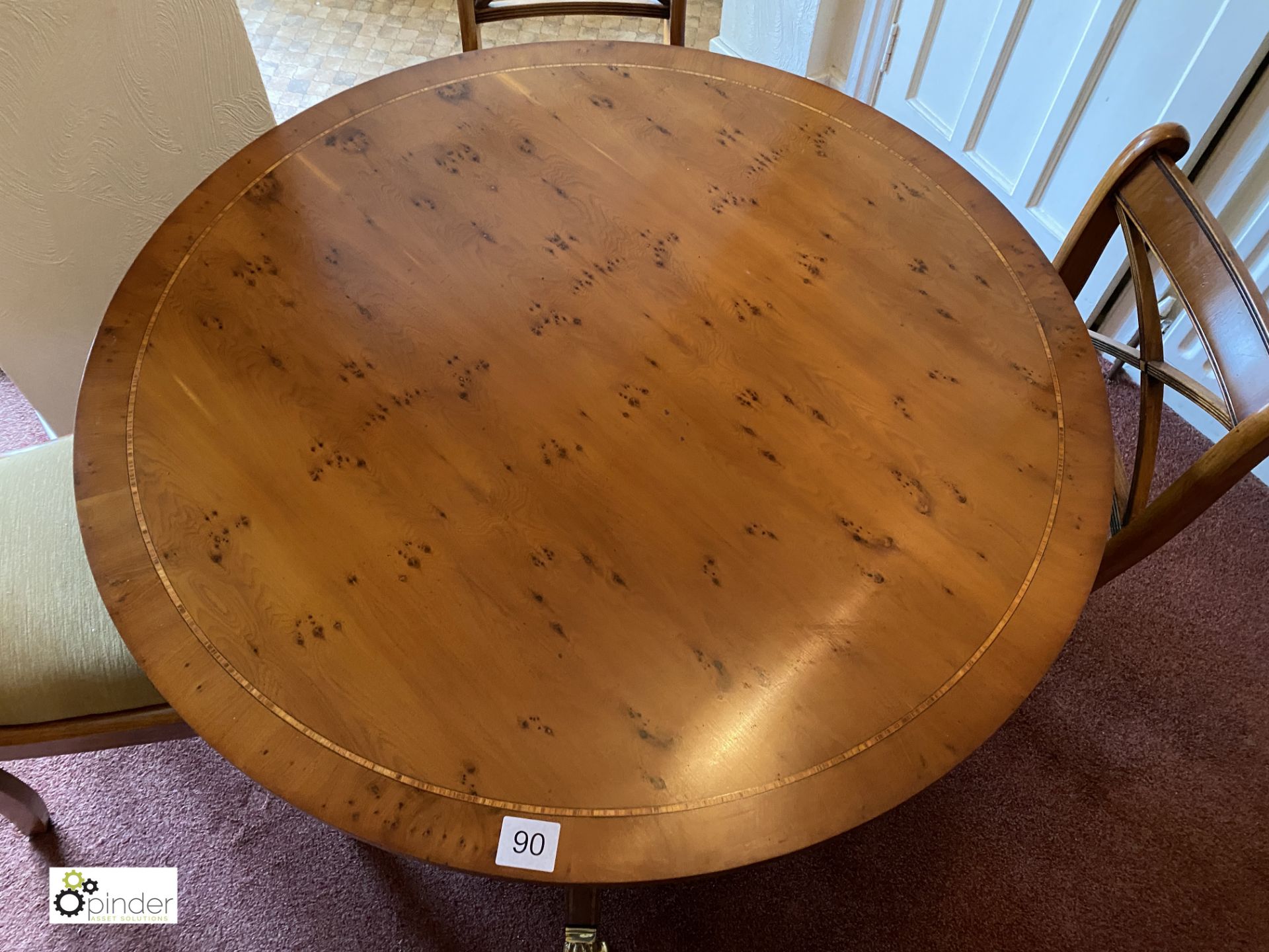 Burr walnut inlaid circular Dining Table, 1040mm diameter, with set 4 burr walnut and upholstered - Image 3 of 7