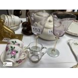 Pair Wine Glass, Glass Jug and set 2 Teacups and Saucers ‘Ruby Wedding’ (location: Wakefield /