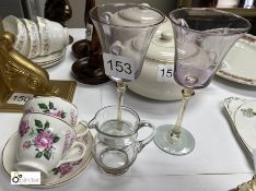 Pair Wine Glass, Glass Jug and set 2 Teacups and Saucers ‘Ruby Wedding’ (location: Wakefield /