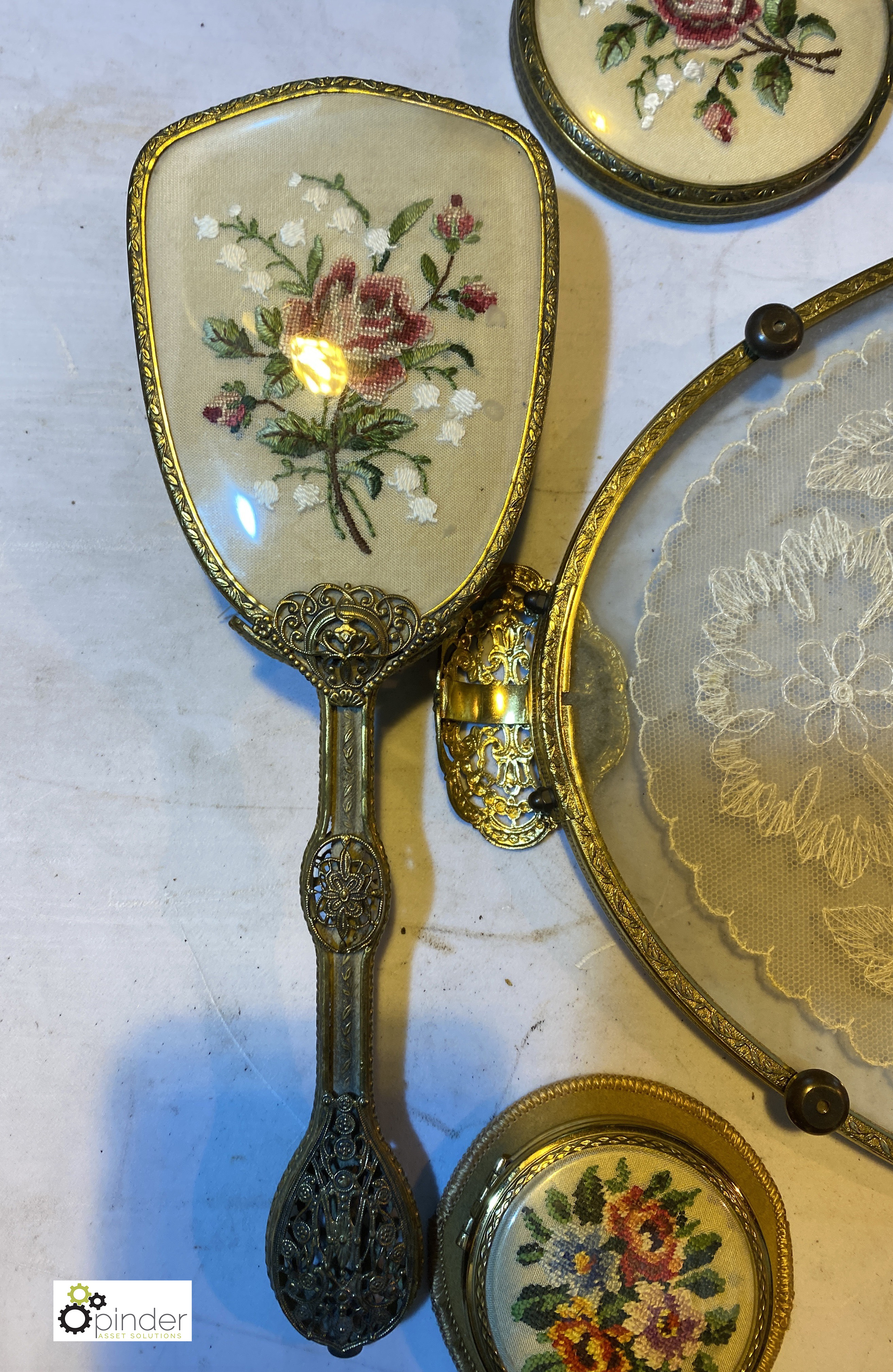 Dressing Table Set comprising glass tray, hair brush, mirror, brush, compact and lid (location: - Image 3 of 5