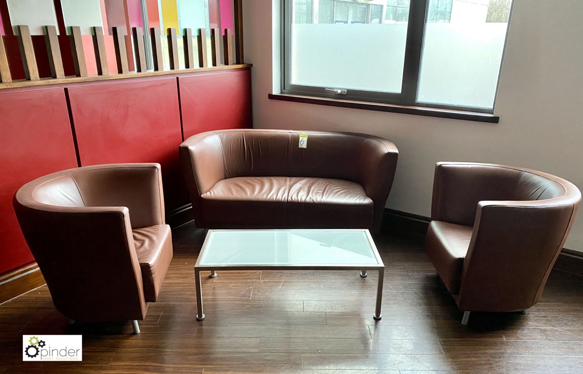 Leather effect Sofa, 2 Armchairs and chrome/glass Coffee Table (located in Coffee Shop)