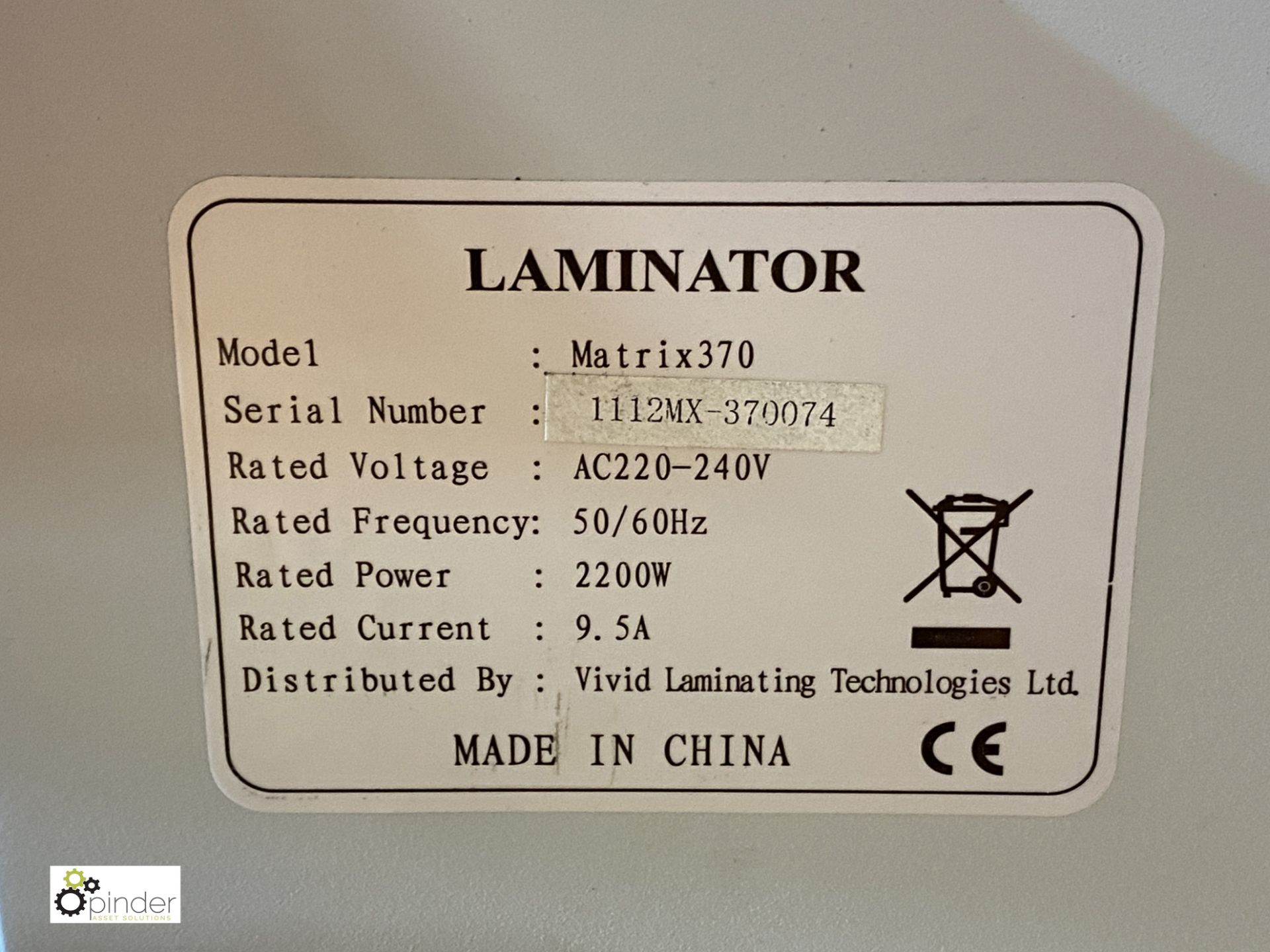 Matrix 370 Roll Laminator, 315mm width, 240volts, serial number 1112MX-370074, with 5 part rolls - Image 11 of 12