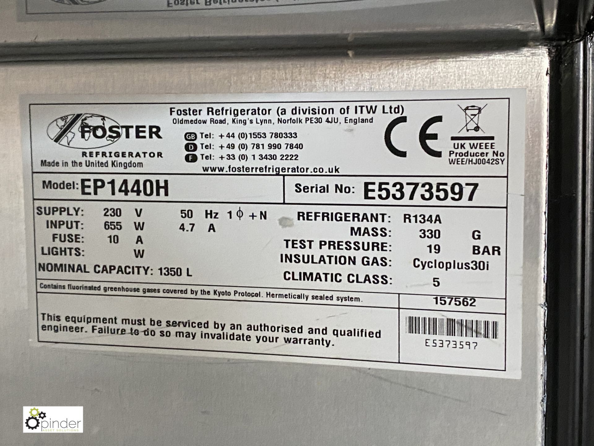 Foster Eco Pro G2 EP1440H stainless steel double door Fridge, 240volts, 1440mm x 840mm x 2060mm - Image 4 of 4