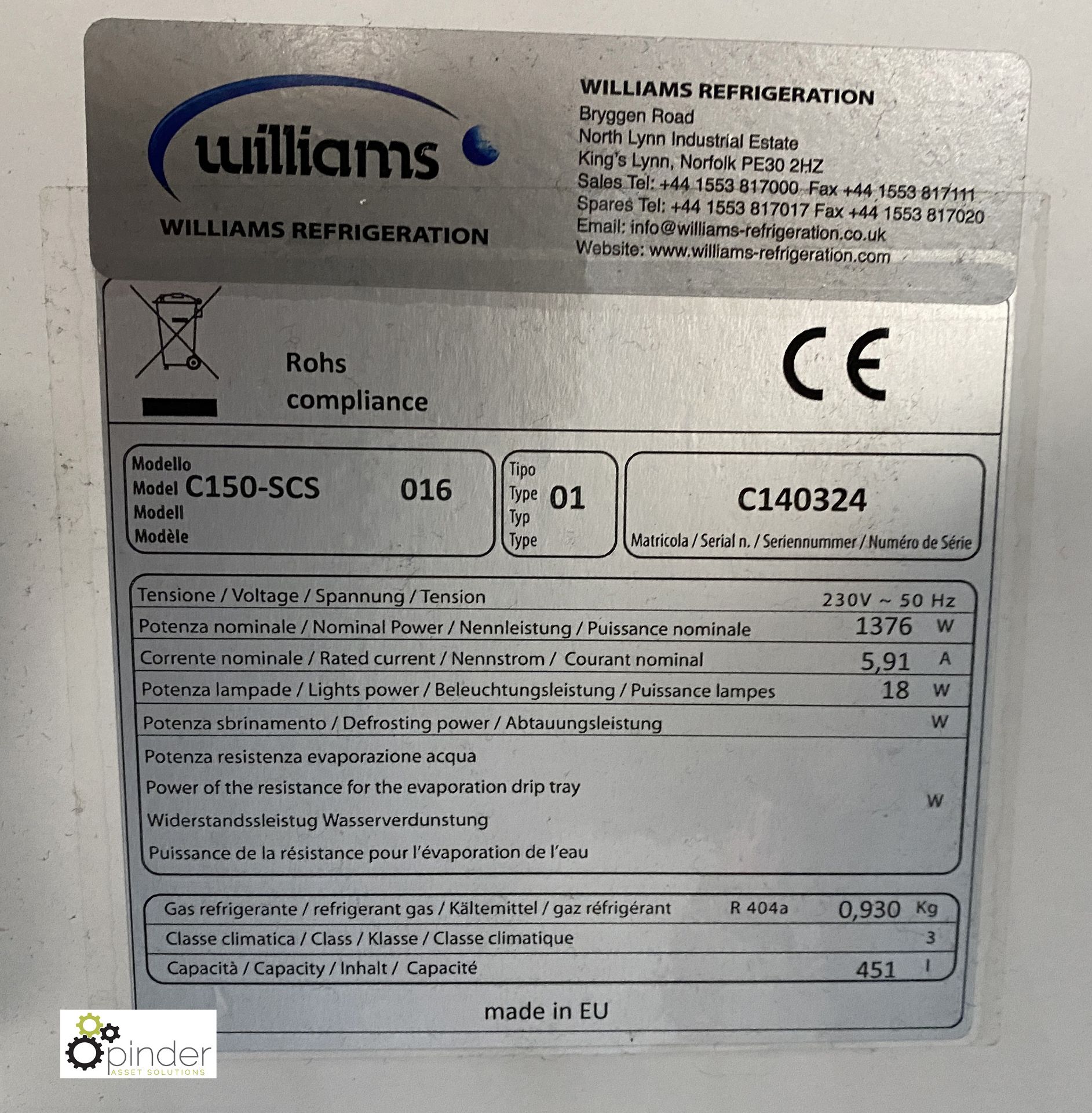 Williams Gem C150 SCS Chilled Food Display Cabinet, 240volts, 1500mm x 670mm x 1850mm - Image 4 of 4