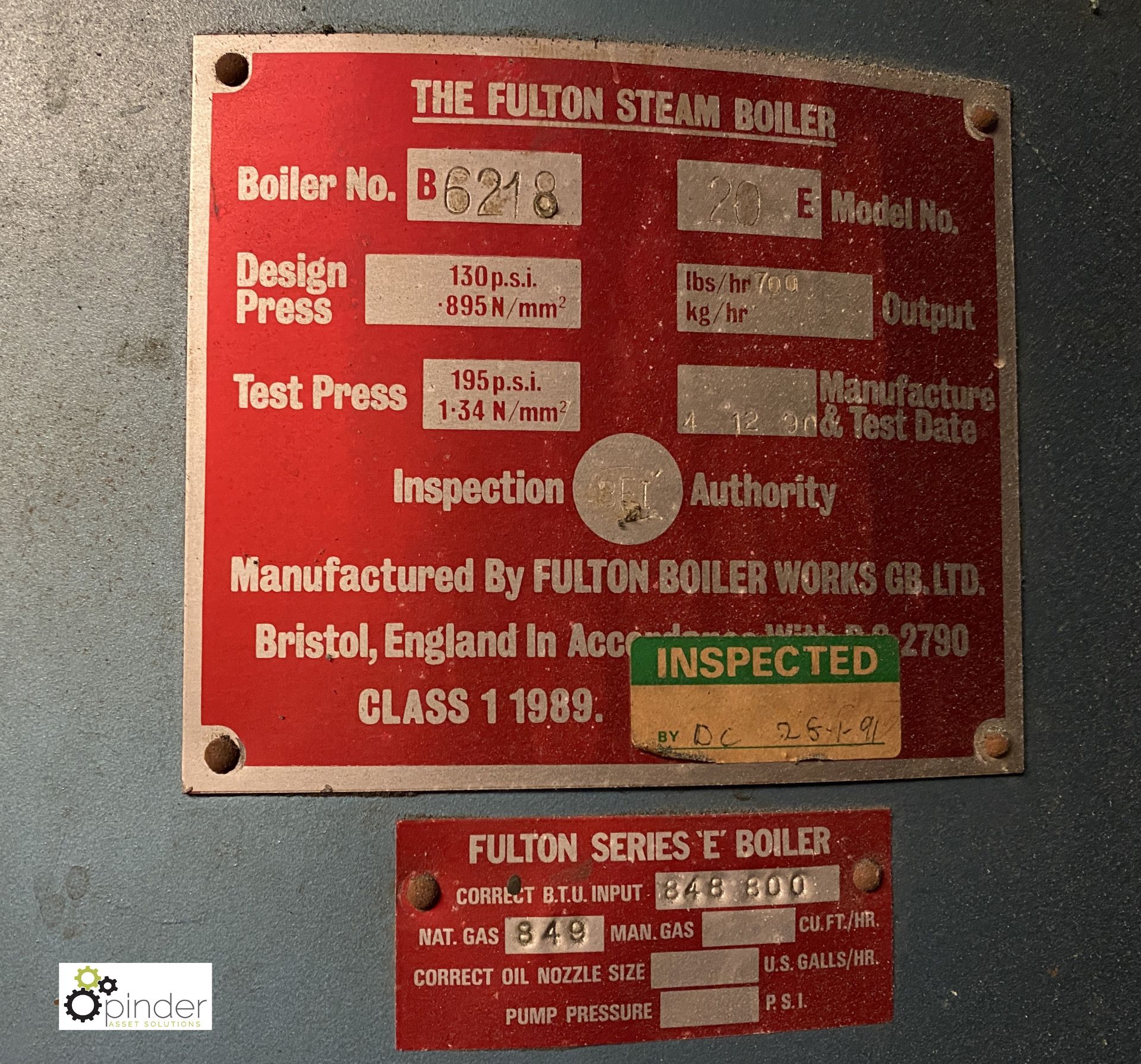 Fulton 20E Steam Boiler, design pressure 130psi, output 700lbs/hr, year Dec 1990, serial number 6218 - Image 3 of 5