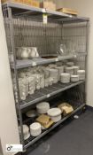 Adjustable mobile 4-shelf Rack, 1400mm x 600mm x 1790mm and Contents including cups, saucers, side