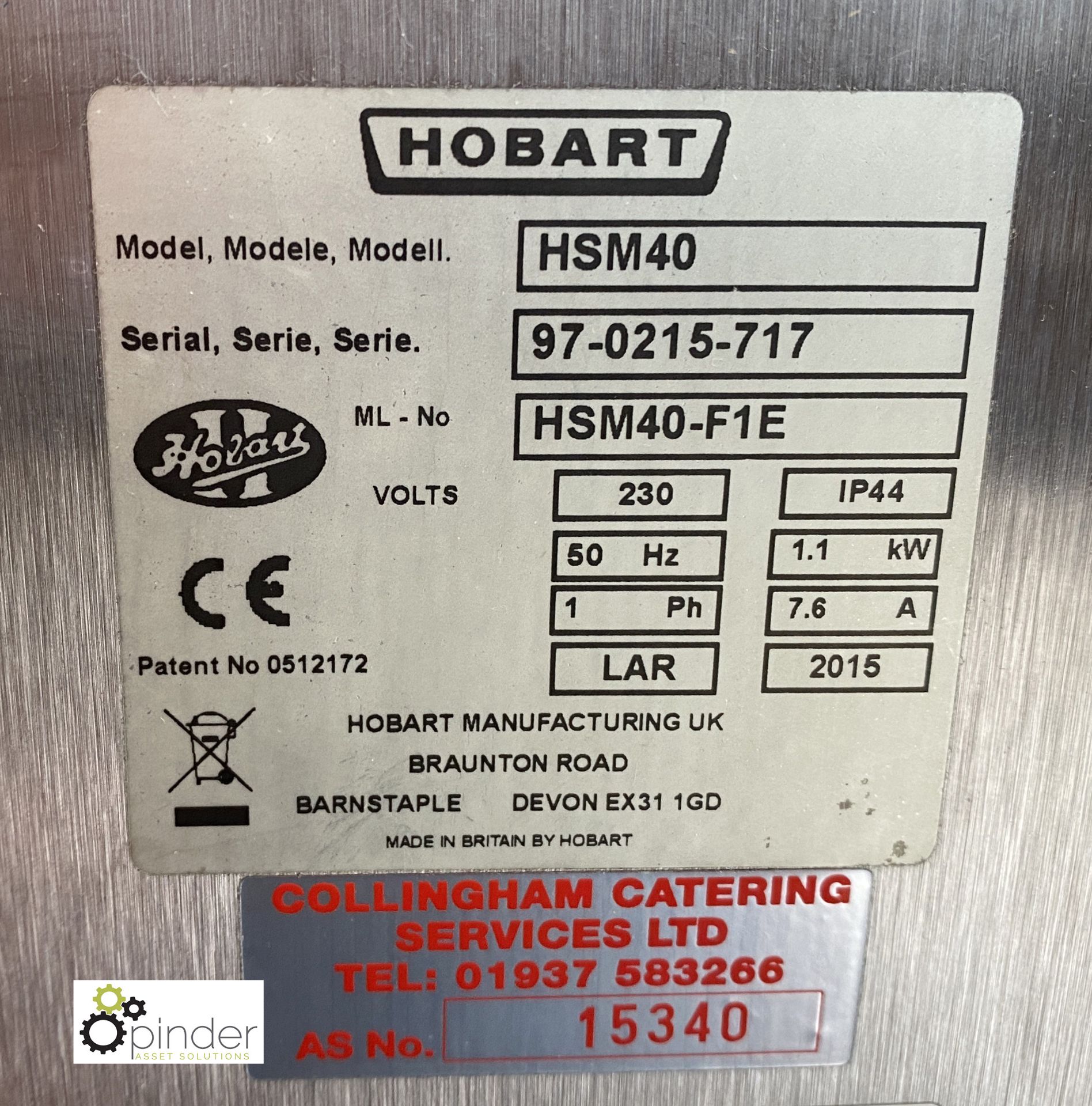 Hobart HSM40 Planetary Food Mixer, 240volts, 1340mm high, with whisk, 2 dough hooks and mixing - Image 5 of 7