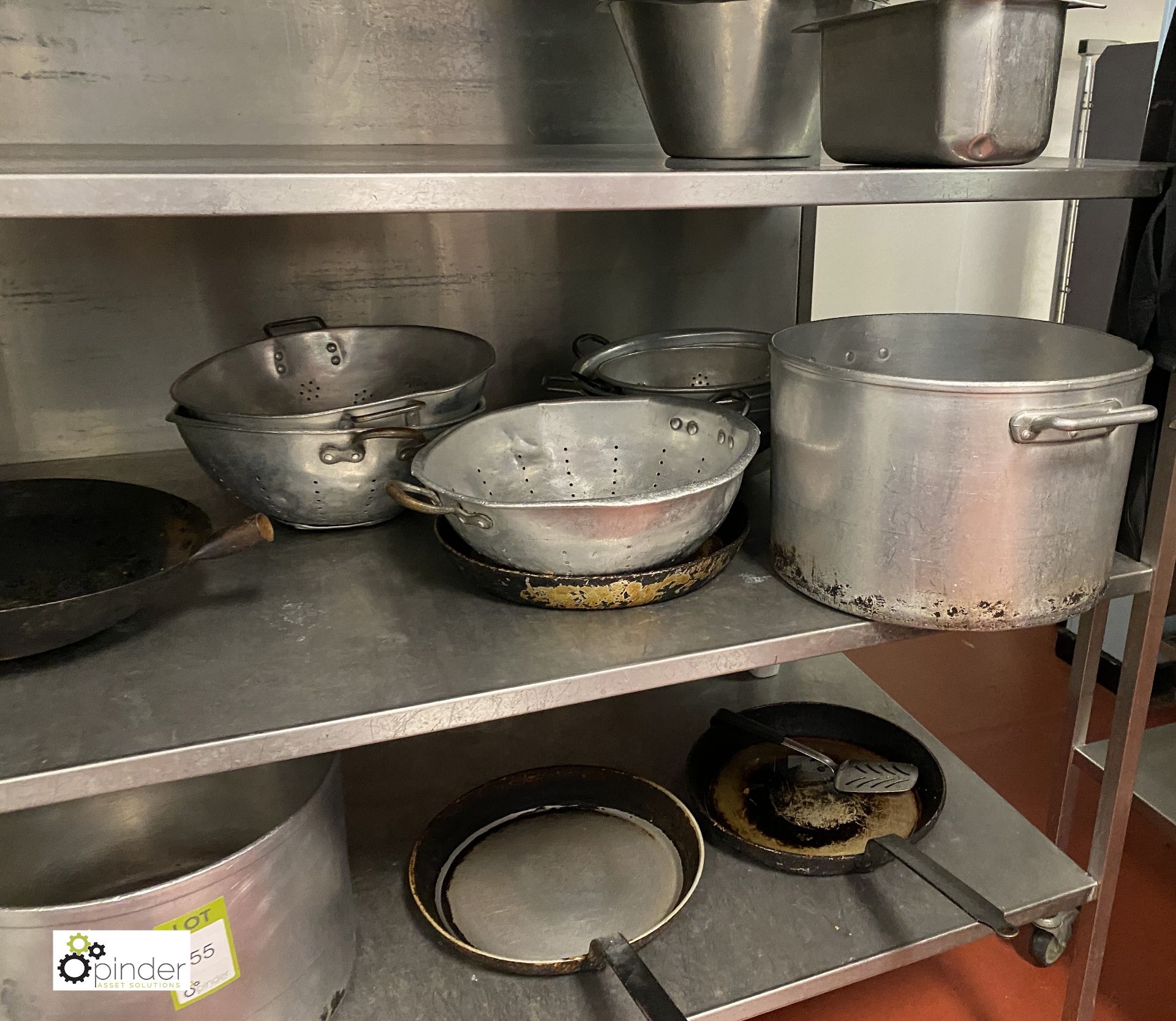 Quantity Cooking Pots, Frying Pans, to rack (rack not including – lot 54) (lot location – Parkview