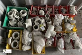Quantity various Plastic Pipe Fittings, including bends, T connectors, collars, etc, to pallet (