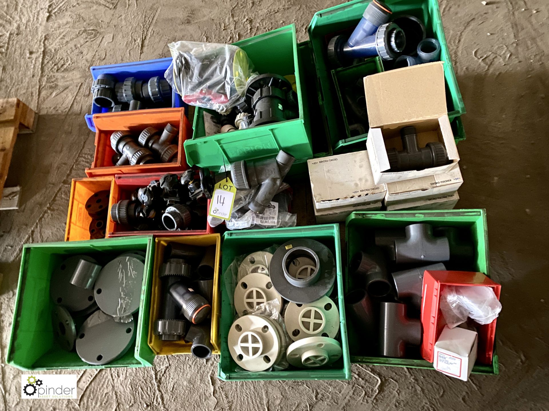 Quantity various Plastic Pipe Fittings including valves, T connectors, flanges, etc, to pallet ( - Image 2 of 7