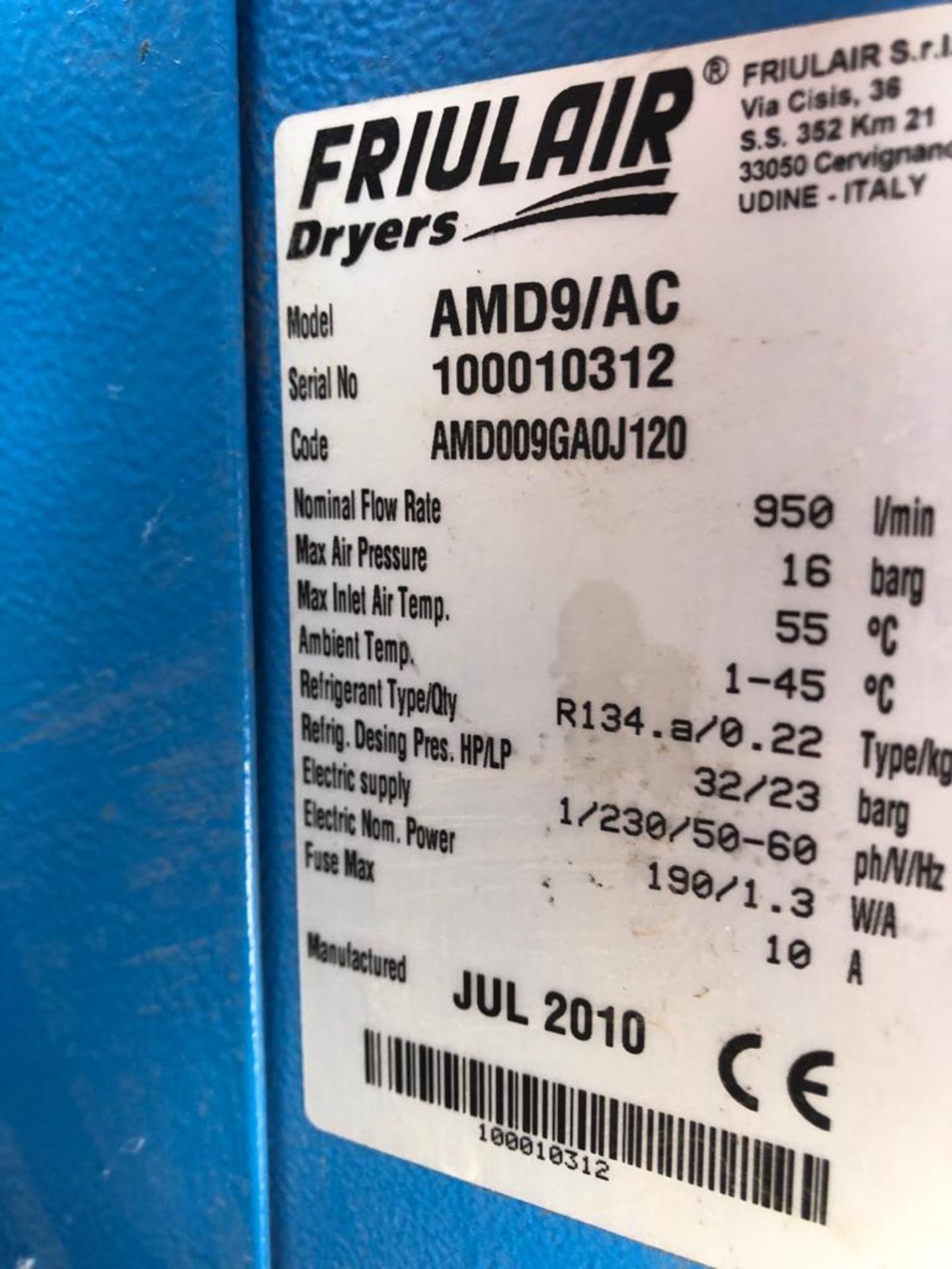 Fruilair AMD9/AC Compressed Air Dryer, 230volts, serial number 100010312 - Image 3 of 5