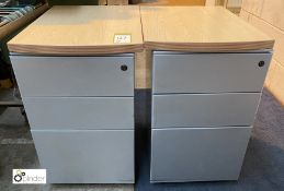 Pair steel 3-drawer Pedestals, 420mm x 940mm x 720mm, with oak effect top