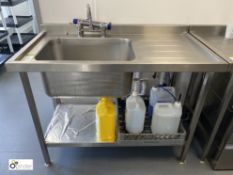 Stainless steel single bowl Sink, with right hand drainer and undershelf, 1200mm x 650mm x 890mm