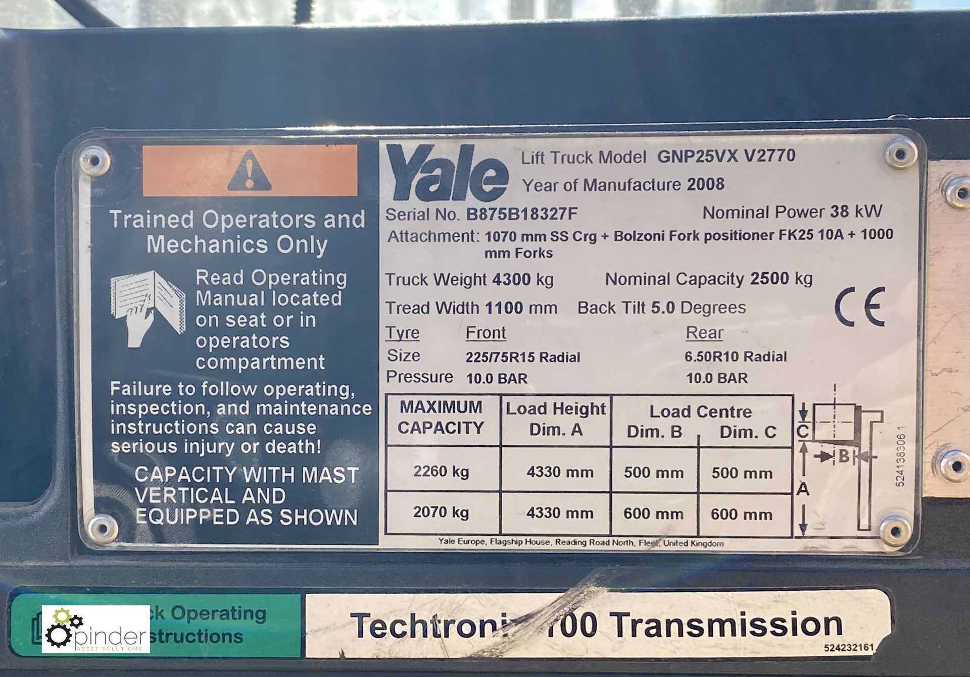 Yale GNP25VX V2770 LPG Forklift Truck, 2500kg, year 2008, all weather cab, side shift, fork - Image 12 of 20