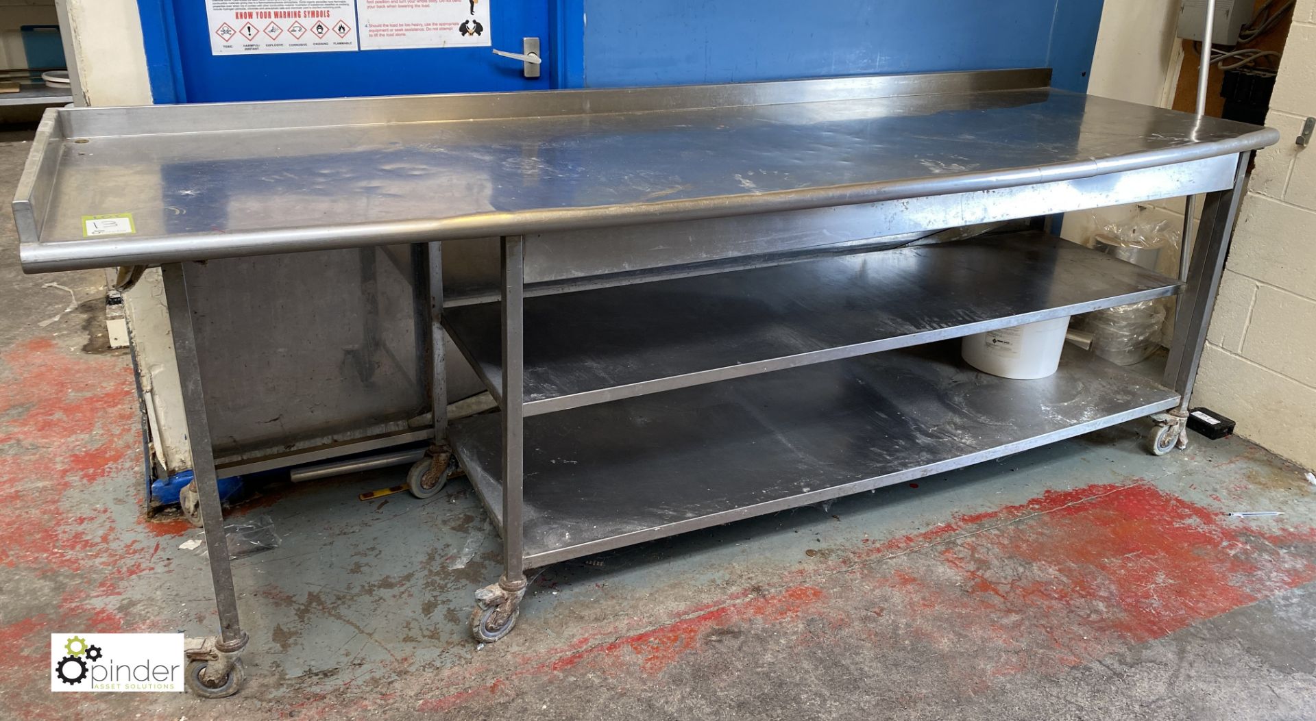 Stainless steel mobile Preparation Table, 2620mm x 750mm x 900mm, with left hand, rear lip and 2
