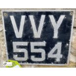 A vintage Number Plate ‘VVY 554’, 9in high x 11in wide