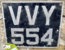 A vintage Number Plate ‘VVY 554’, 9in high x 11in wide