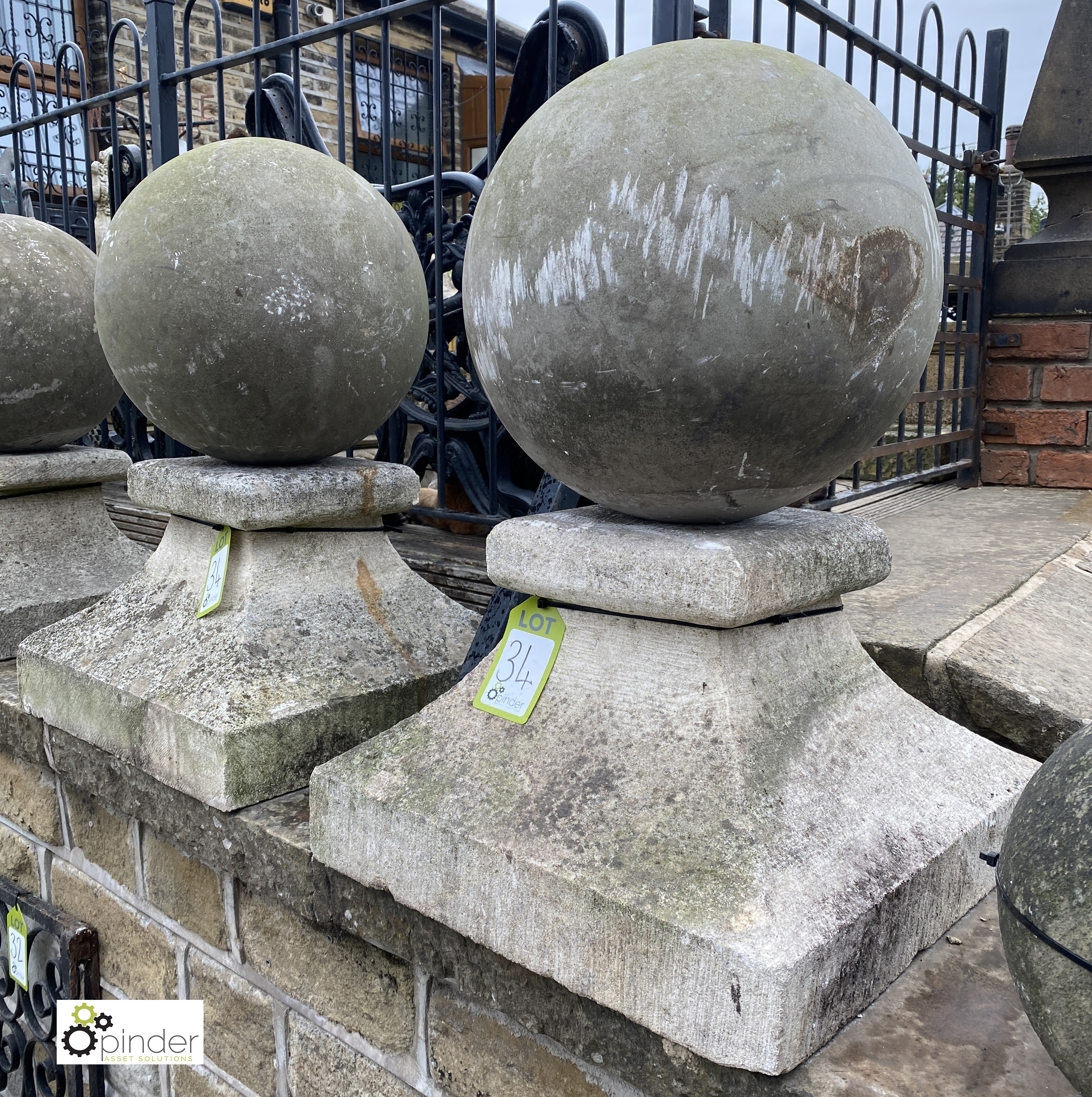 A pair antique original carved Stone Balls on plinths, ball diameter 16in, 29in high with base, 19in - Image 2 of 5