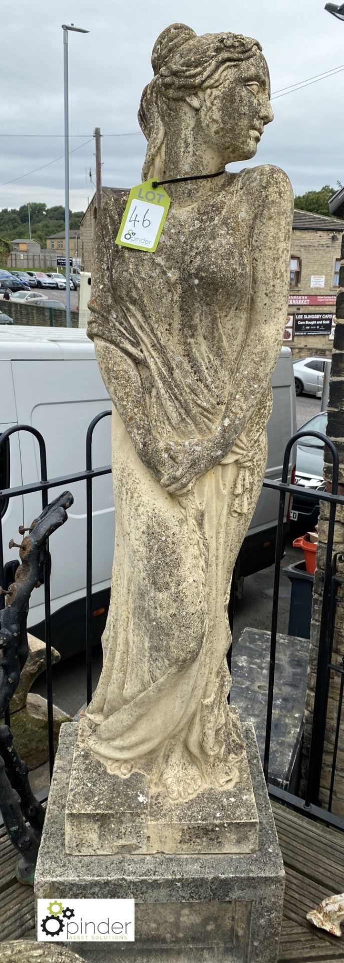 A reconstituted stone Statue on plinth of classical figure ‘Pandora’, 68in high