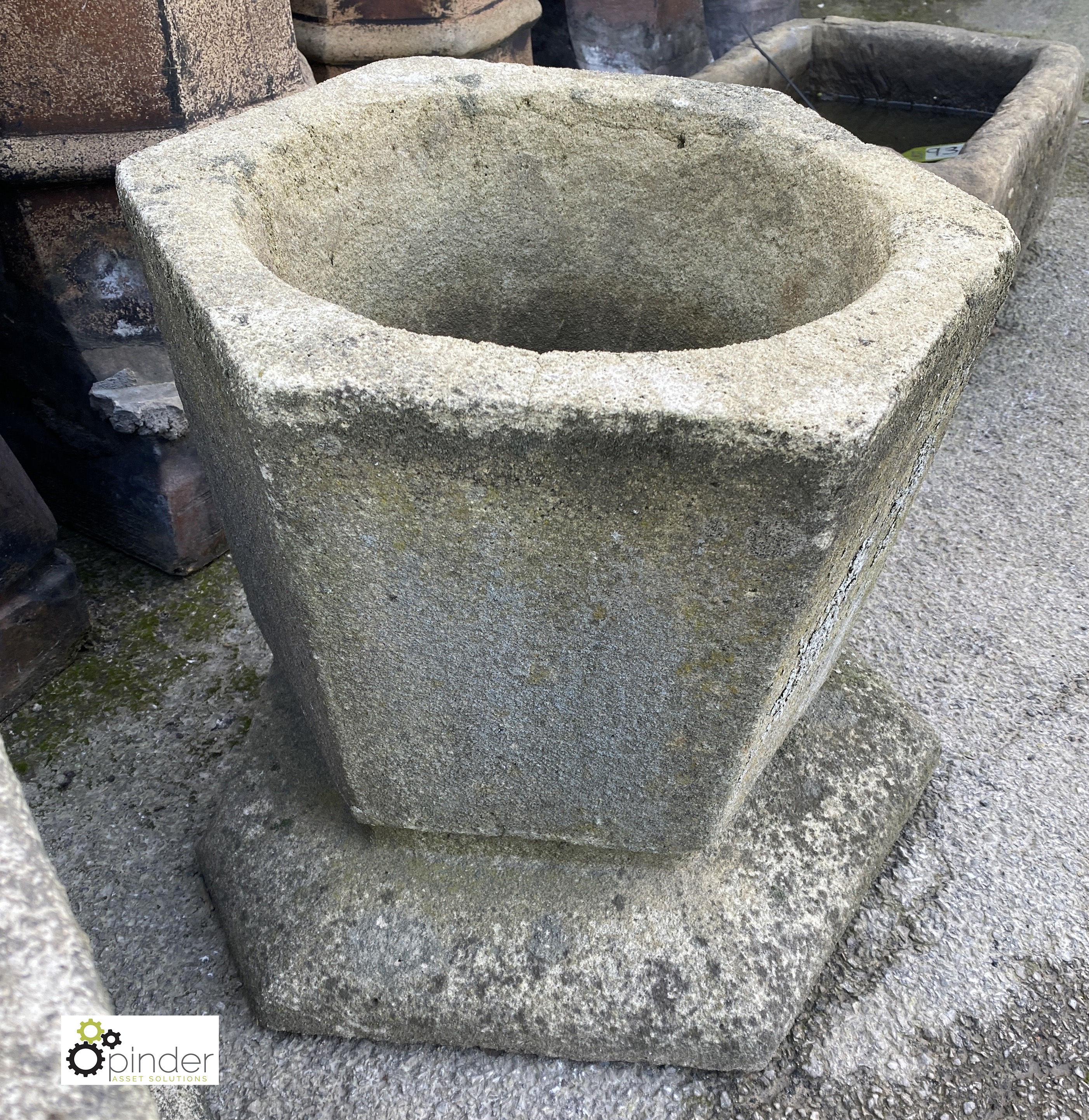 A pair hexagonal reconstituted stone Art Deco Planters, from Burtons Tailors Factory, Burmantofts, - Image 5 of 6