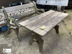 A teak Garden Bench and Table, circa mid 1900s, table 22in high x 21in wide x 48in long, bench