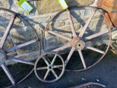 2 antique Cart Wheels and cast iron Pulley Wheel