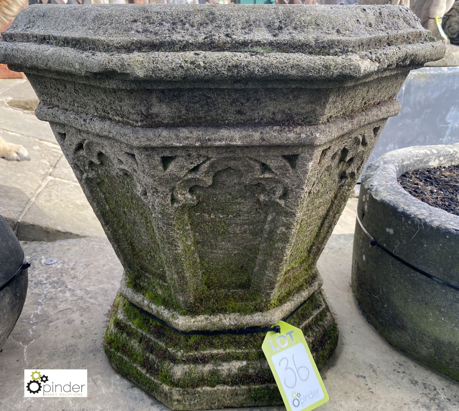 A hand carved Gothic Gritstone Jardiniere, 20in high x 22in diameter - Image 2 of 5