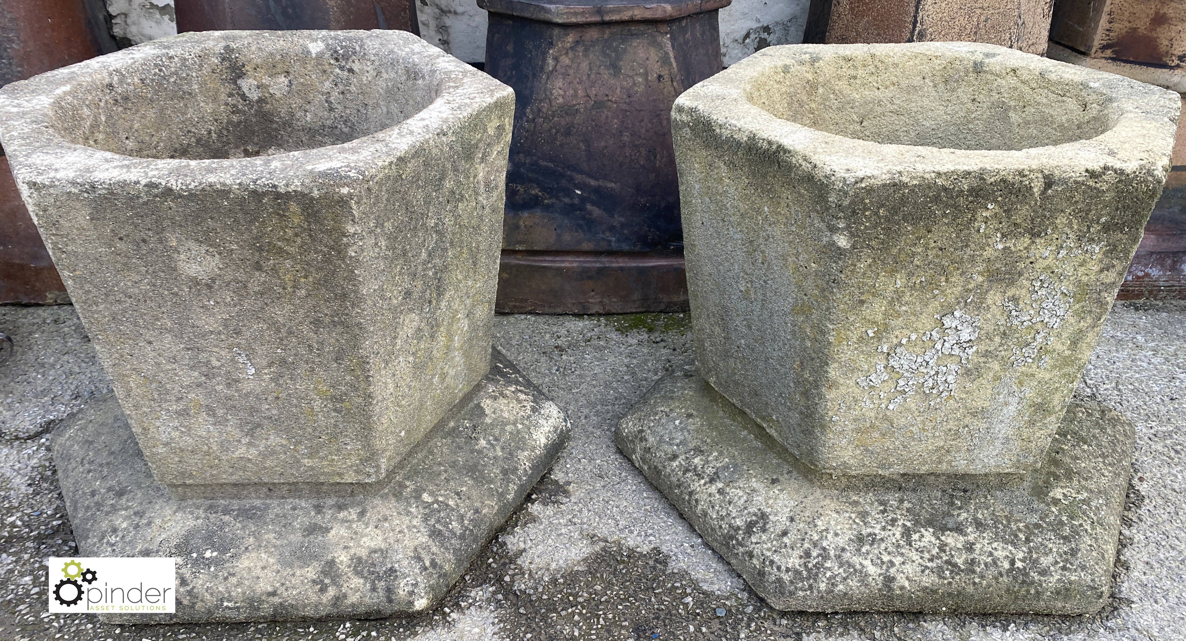 A pair hexagonal reconstituted stone Art Deco Planters, from Burtons Tailors Factory, Burmantofts,
