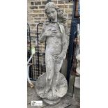A reconstituted stone classical Art Deco Figure of a Girl stood in a clam shell, 46in high