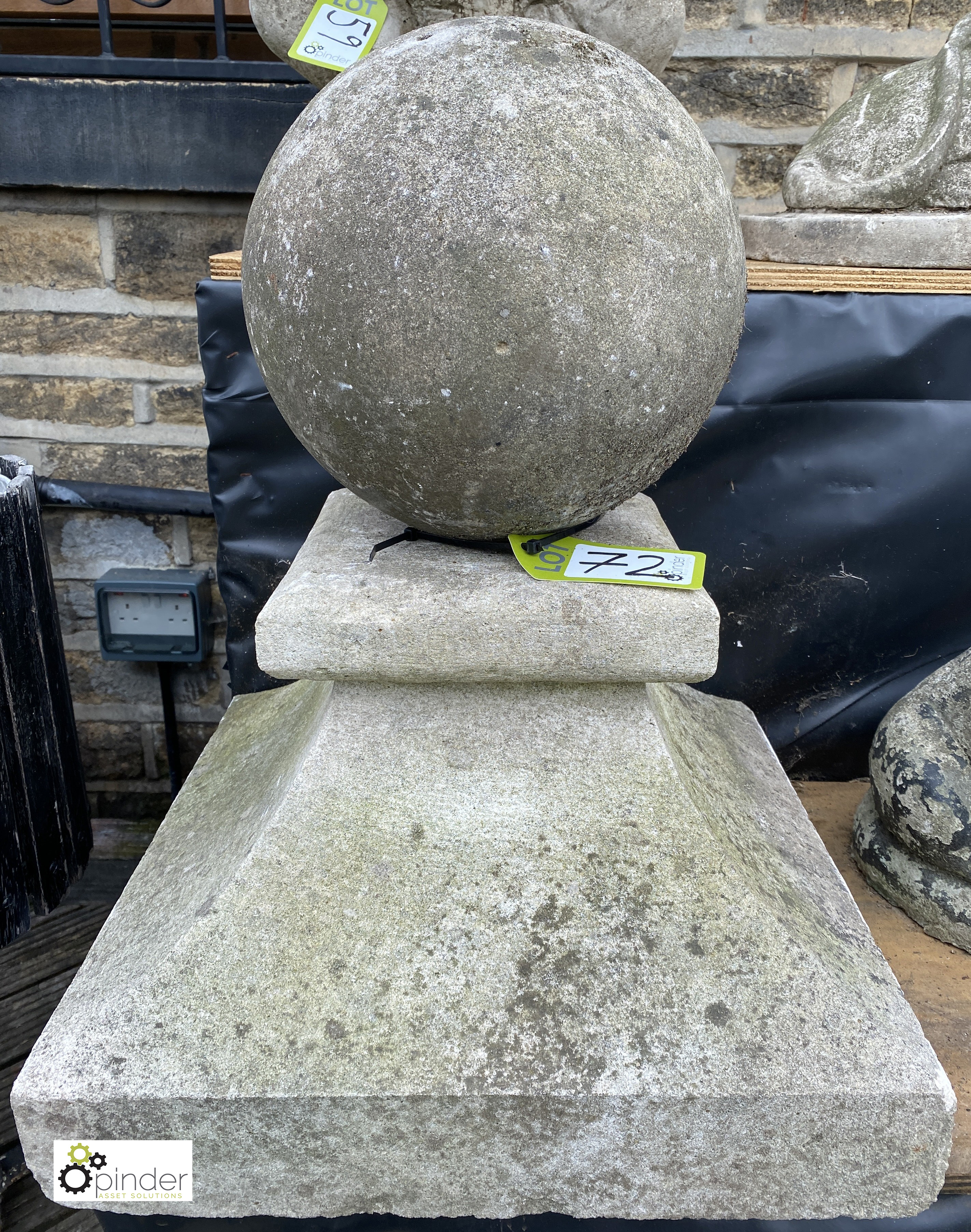 A Ball Finial, on an original carved Portland stone base, 28in high x 19in x 19in