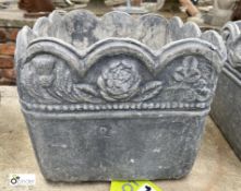 An original lead Planter, with rose thistle and shamrock decoration, 8in high x 9in wide x 9in long