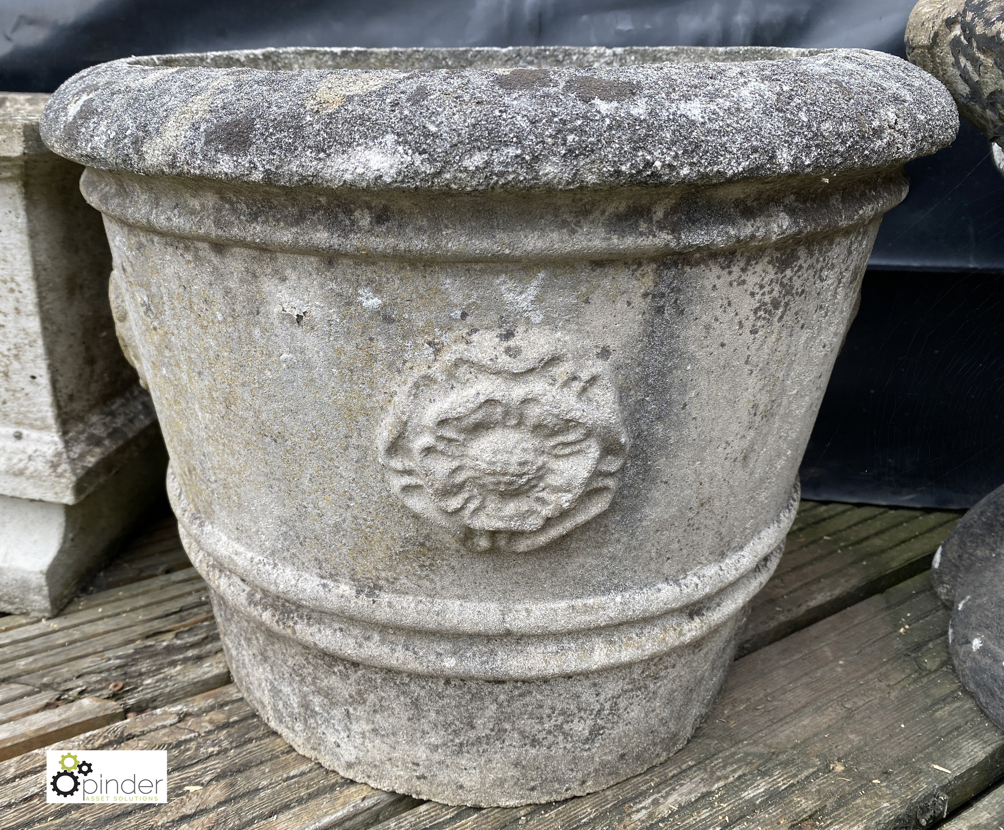 A round reconstituted stone Planter, with rose motif decoration, 12in high x 17in diameter - Image 3 of 4