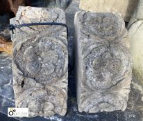 A pair Travertine marble Book Ends, with flower decoration, circa mid 1900s, 7in high