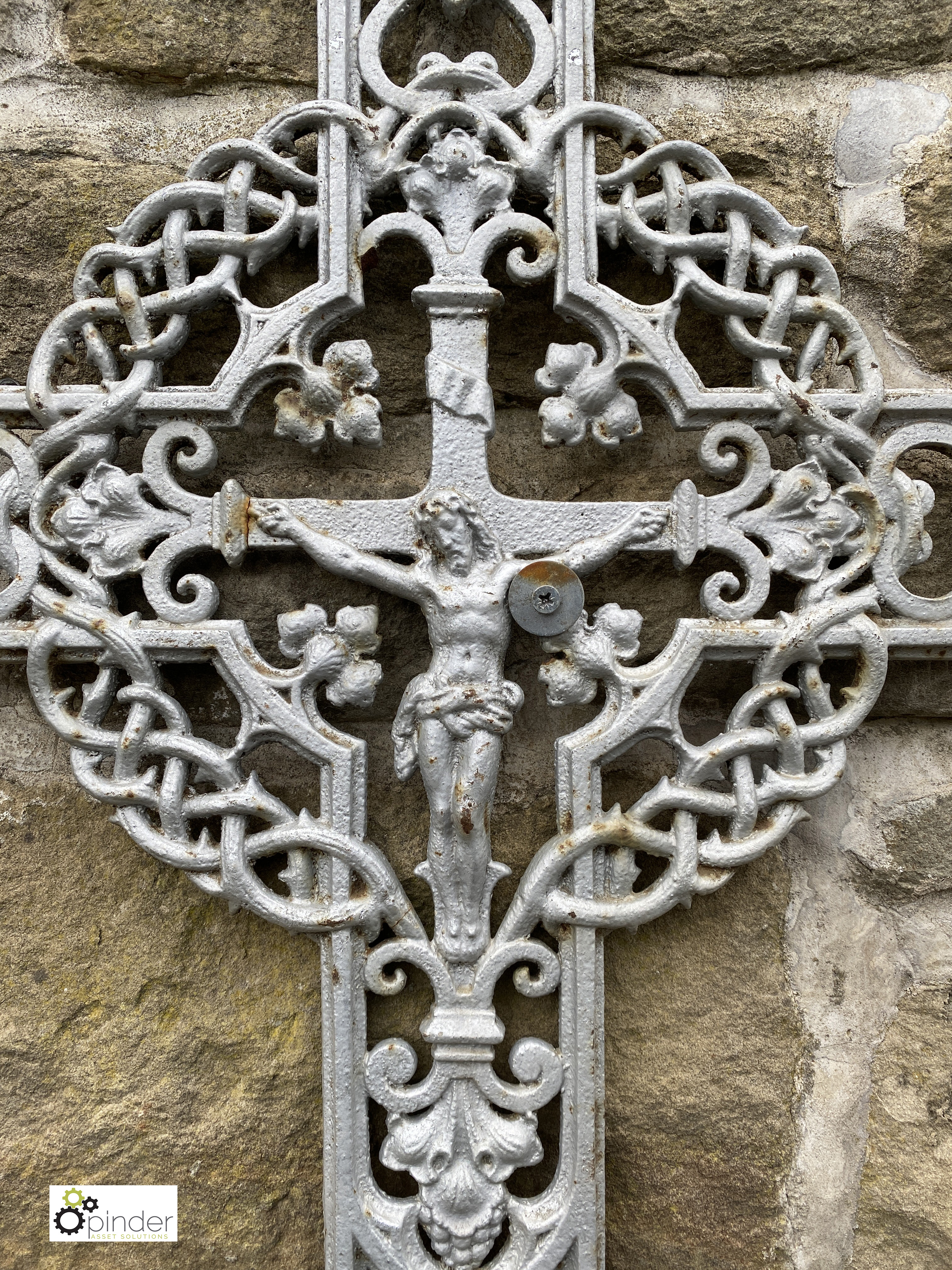 An antique decorative cast iron Crucifix, with an eagles head, lion and ox surrounded by Jesus, in a - Image 3 of 6