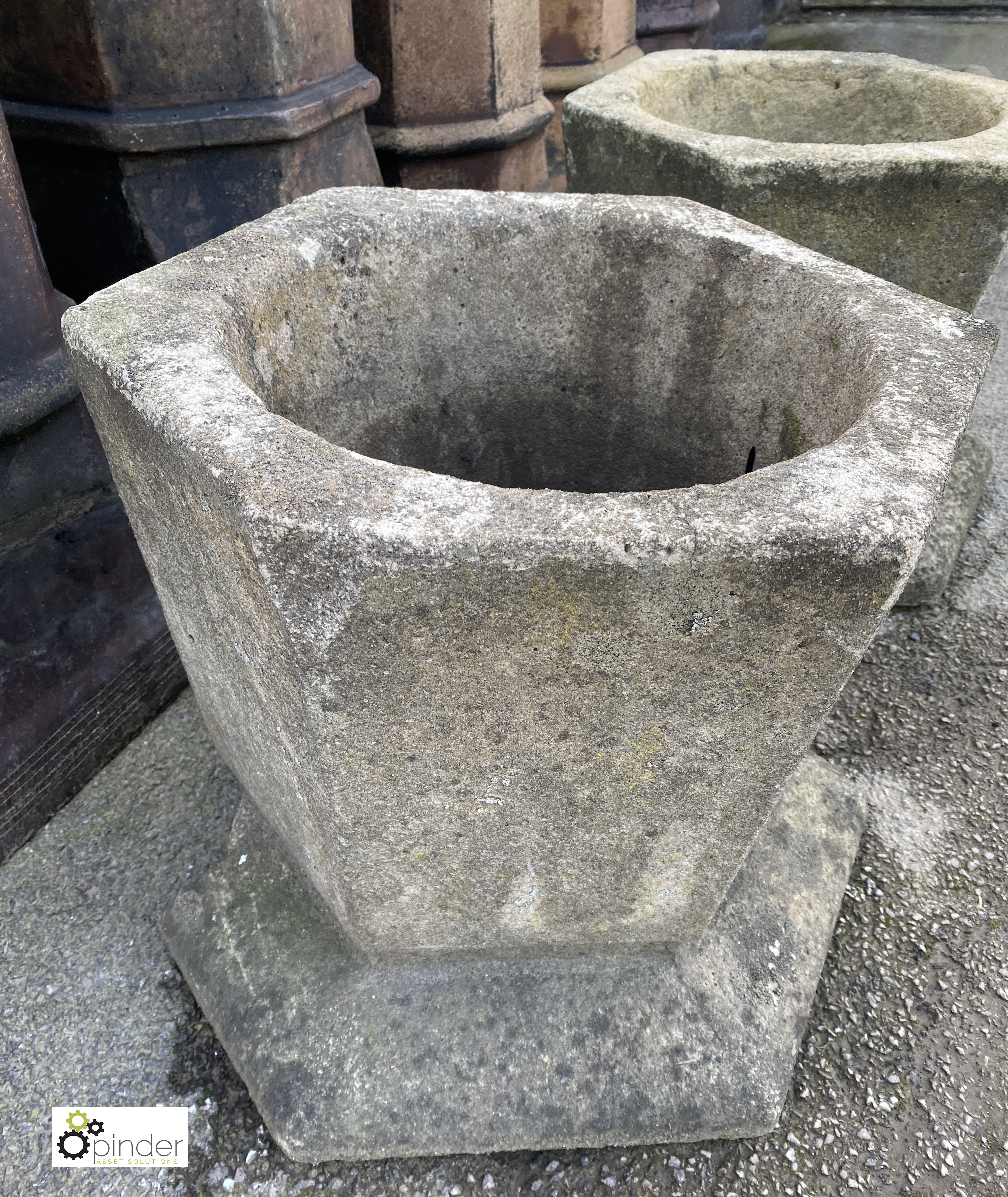 A pair hexagonal reconstituted stone Art Deco Planters, from Burtons Tailors Factory, Burmantofts, - Image 4 of 6
