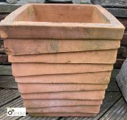 A red square terracotta Planter, with ribbed decoration, 18in high x 16in x 16in