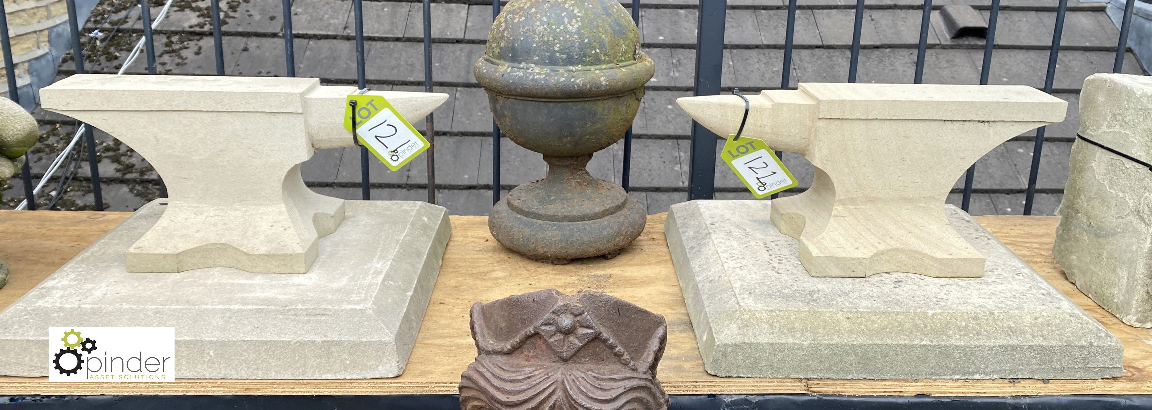 A pair hand carved Yorkshire Stone Anvil Pier Caps on plinths, 12in high x 19in x 19in