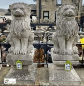 A pair hard carved limestone seated imposing Lions, on plinths, circa 1900s, 36in, base 14in x 14in