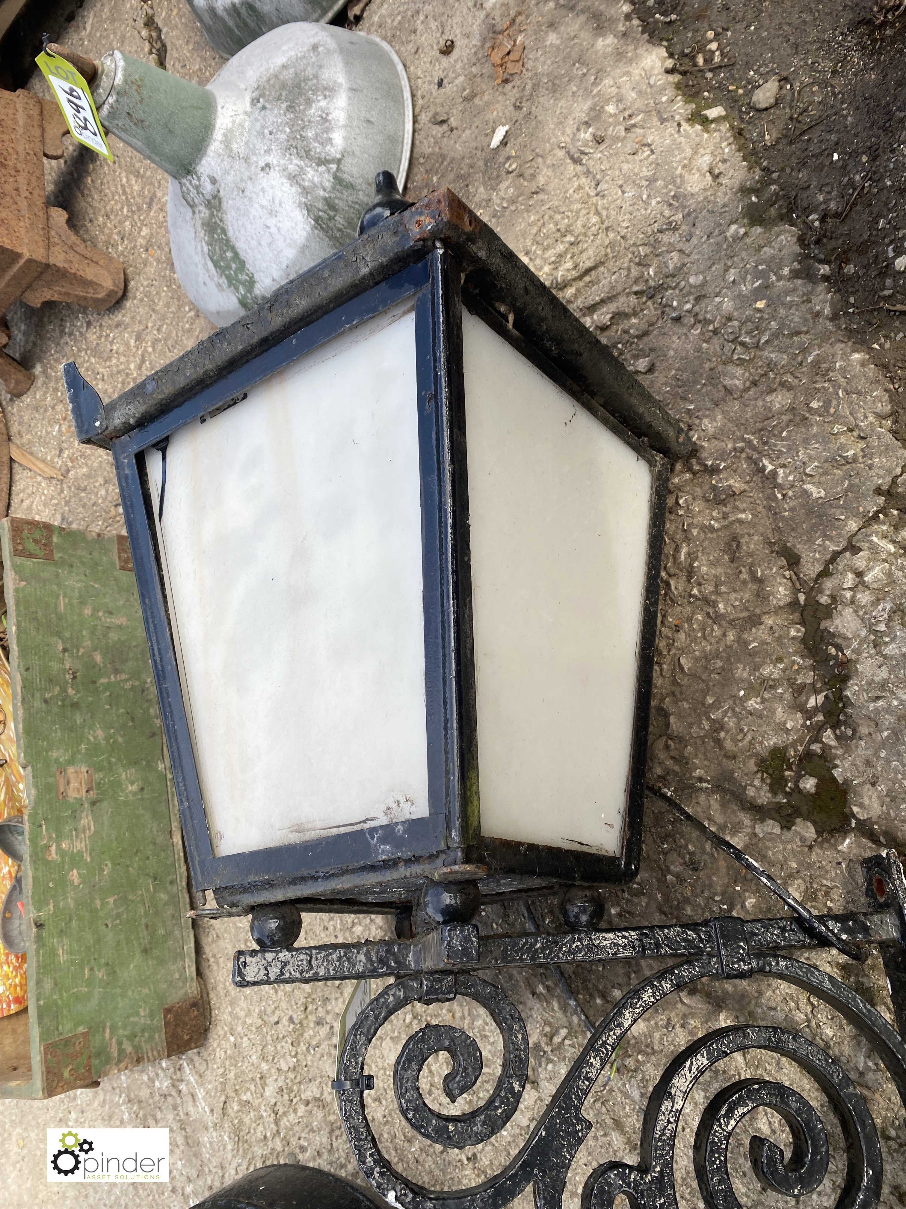 A vintage metal Pub Lantern, on decorative scroll brackets, 36in high x 14in x 14in - Image 3 of 6